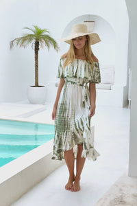 womens mid length tie dye dress in khaki and cream featuring an off the shoulder frill, elasticated waist, detachable belt and side pockets