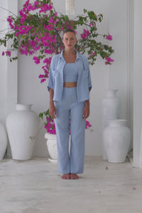 Womens super soft, 100% cotton, button up, relaxed fit Box Shirt in Baby Blue, with 3/4 length sleeves. Pair with our matching shorts and trousers