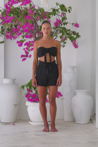 Womens super soft, 100% cotton Bandeau Top in black featuring a detachable front tie and elasticated back. Pair with our matching shorts, trousers and shirt 