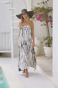 womens a line tie dye strappy dress in cream featuring adjustable straps and side pockets