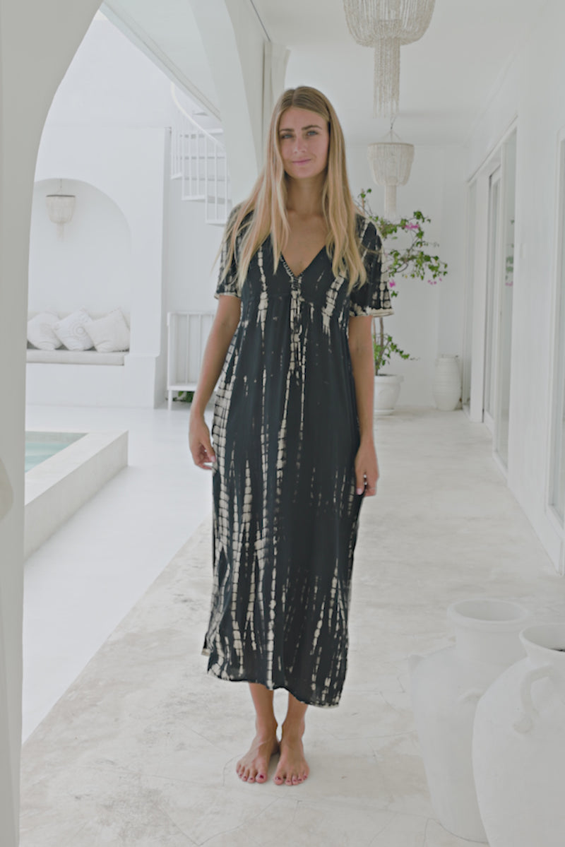 Womens Nadia Maxi Dress in black and beige tie dye finish, in soft lightweight rayon, with side splits, pockets and hand beaded detailing.