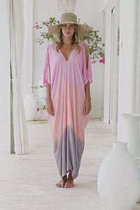 Womens Safia ombré boho kaftan dress in pink. Soft lightweight rayon with hand beaded details. 