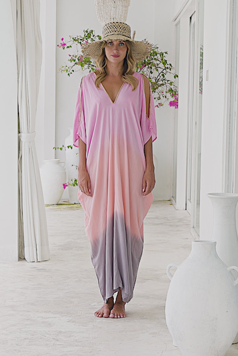Womens Safia ombré boho kaftan dress in pink. Soft lightweight rayon with hand beaded details. 