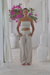 Womens stylish, super soft 100% cotton Rachel Trousers in taupe, featuring an elasticated waist and pockets for a flattering and comfortable fit