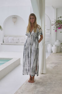 Womens Nadia Maxi Dress in cream and black tie dye finish, in soft lightweight rayon, with side splits, pockets and hand beaded detailing.