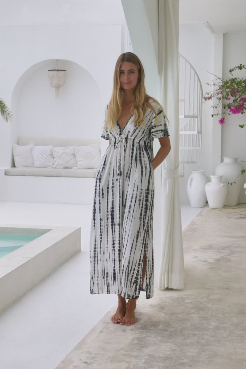 Womens Nadia Maxi Dress in cream and black tie dye finish, in soft lightweight rayon, with side splits, pockets and hand beaded detailing.