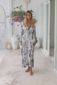Womens Natalia Maxi Dress in cream and black tie dye finish, in soft lightweight rayon, with side splits, trumpet sleeves, pockets and hand beaded detailing.