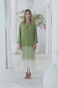 Womens Lisy maxi shirt dress in khaki ombré finish, in soft lightweight rayon, with  a button down front, cuffed long sleeves, side splits, discreet pockets and a detachable belt.