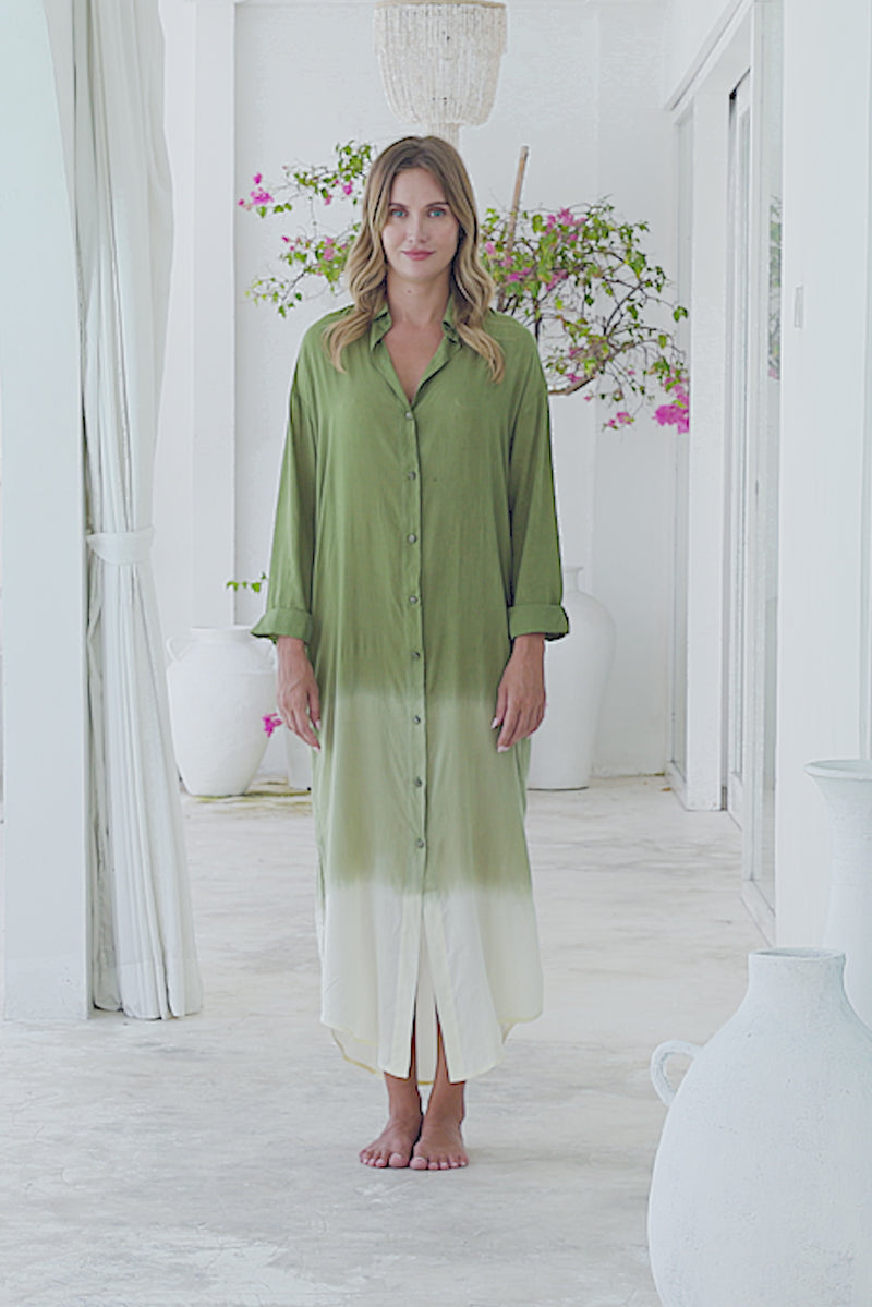Womens Lisy maxi shirt dress in khaki ombré finish, in soft lightweight rayon, with  a button down front, cuffed long sleeves, side splits, discreet pockets and a detachable belt.