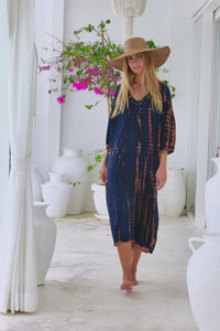 Womens Nikki Tunic Dress in navy and copper tie dye finish, in soft lightweight rayon, 3/4 length sleeves, pockets and hand beaded detailing.