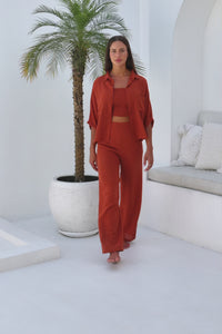 Womens super soft, 100% cotton, button up, relaxed fit Box Shirt in terracotta, with 3/4 length sleeves Pair with our matching shorts and trousers
