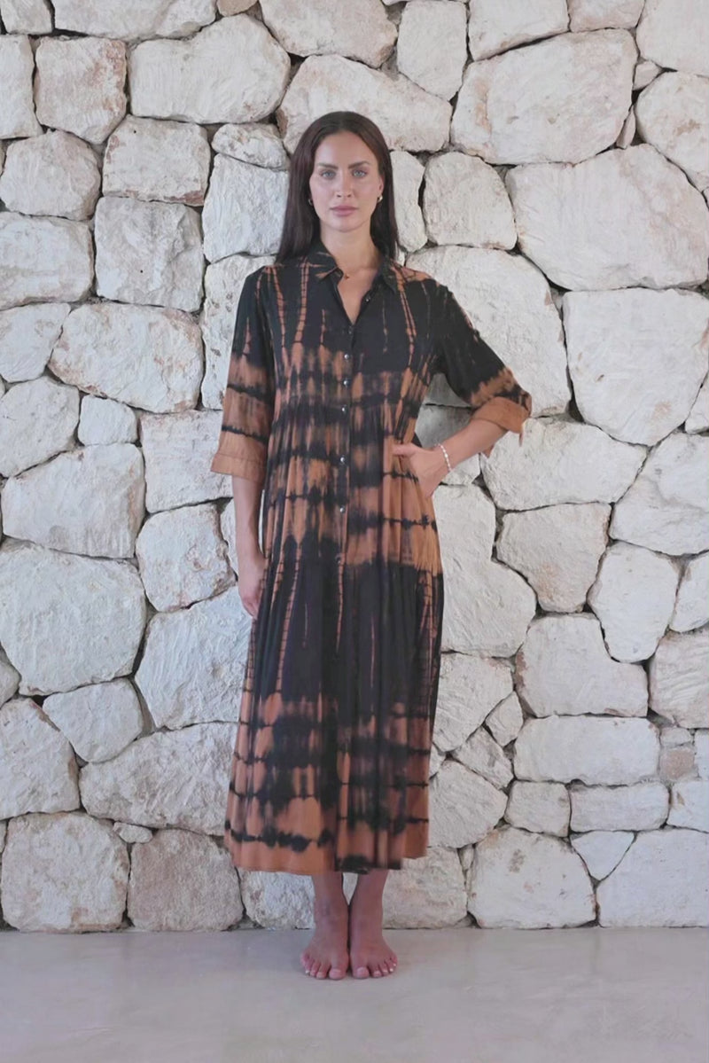 Vestido camisero Ashley con efecto tie dye negro y cobre
