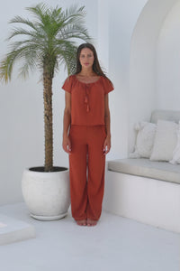 Womens gypsy style top in terracotta is perfect to coordinate with our trousers and shorts