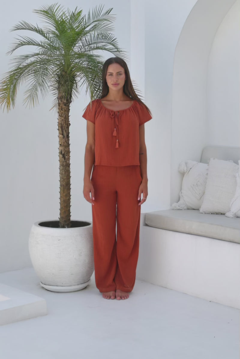 Womens gypsy style top in terracotta is perfect to coordinate with our trousers and shorts