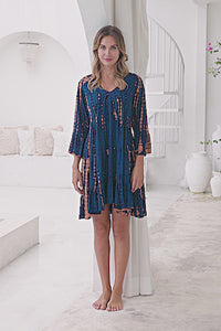 Womens Frida short smock dress in navy and copper tie dye, in soft lightweight rayon with discreet side pockets and 3/4 trumpet sleeves