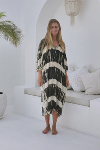 Womens Nikki Tunic Dress in black and cream tie dye finish, in soft lightweight rayon, 3/4 length sleeves, pockets and hand beaded detailing.