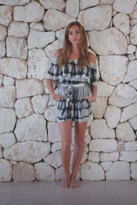 Womens super soft, 100% rayon Tie-Dye off the shoulder Jumpsuit in white and copper with side pockets and belt