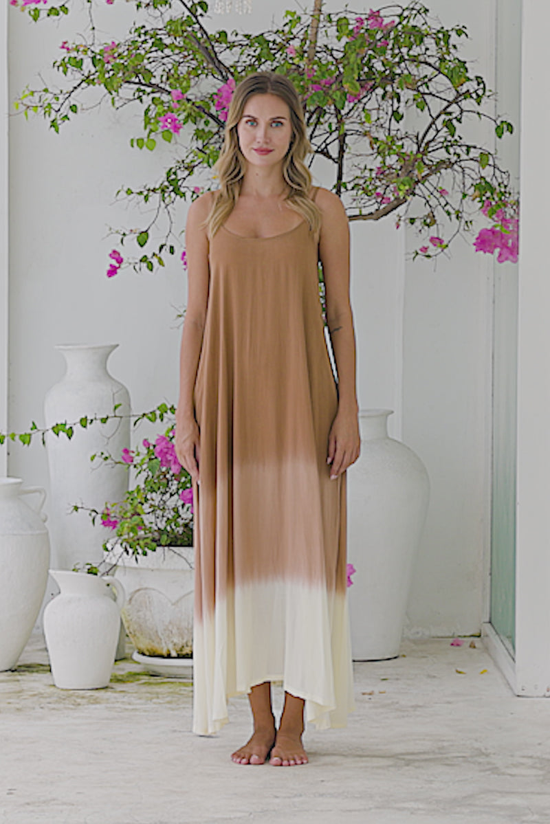 Womens Madison Maxi Dress in copper ombré finish, in soft lightweight rayon, with pockets and adjustable straps.