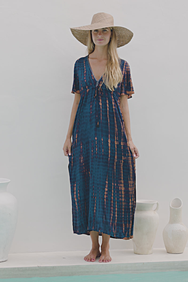Womens Nadia Maxi Dress in navy and copper tie dye finish, in soft lightweight rayon, with side splits, pockets and hand beaded detailing.