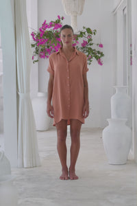 Womens super soft, 100% cotton Riley Shirt Dress in brick with button down fastening, side pockets and 3/4 length sleeves with turn-up detail 