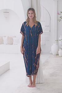 Womens Avery Kaftan dress in navy and copper tie dye, in soft lightweight rayon, with pockets and hand beaded detailing.
