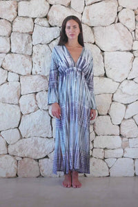 Womens full length tie dye summer dress in dark grey featuring a hand beaded v neckline, pull ties under the bust, trumpet sleeves and side splits