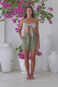 Womens super soft, 100% cotton high waited Paperbag shorts in khaki, featuring an elasticated waist with a belt and side pockets