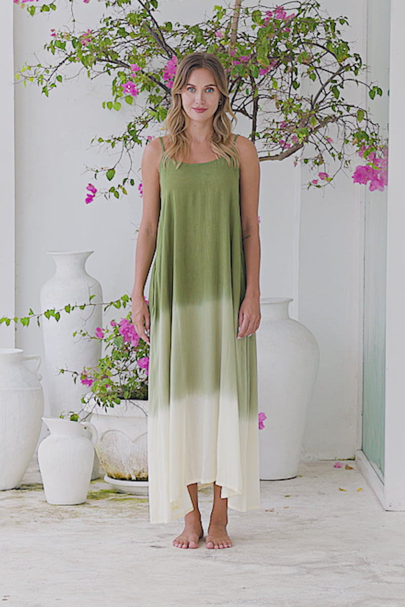 Womens Madison Maxi Dress in khaki ombré finish, in soft lightweight rayon, with pockets and adjustable straps.