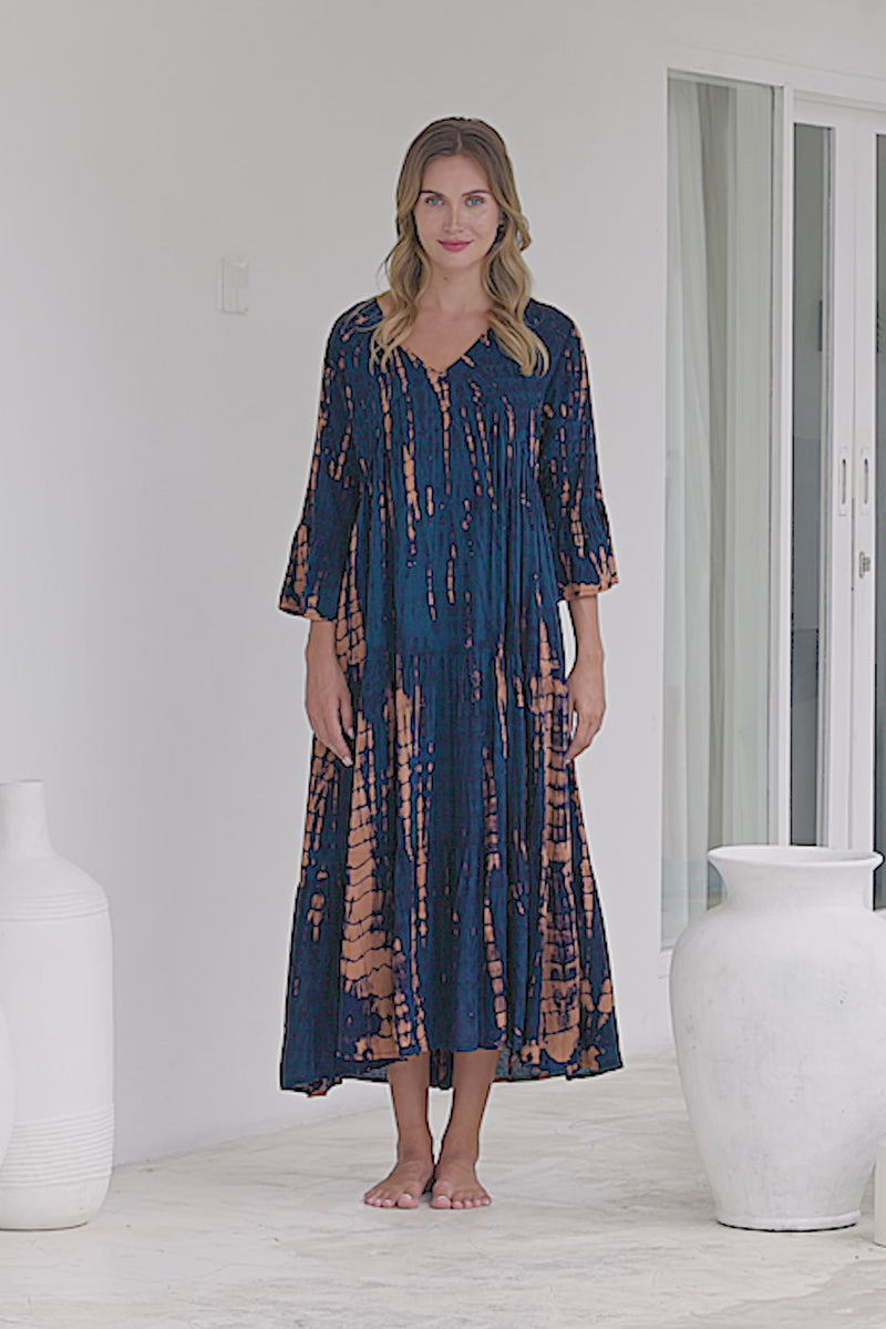 Womens Frida long smock dress in navy and copper tie dye, in soft lightweight rayon with discreet side pockets and 3/4 trumpet sleeves