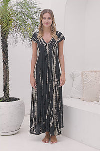 Womens Aria Maxi Dress in black tie dye, soft lightweight rayon with pockets, a detachable belt and hand beaded detailing.