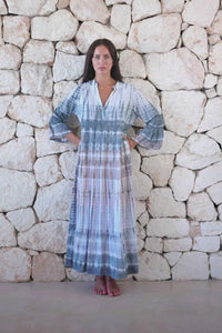Womens super soft, lightweight, tunic style long length tie dye dress in light grey featuring 3/4 length trumpet sleeves and side pockets