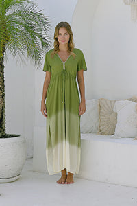 Womens Nadia Maxi Dress in khaki ombre finish, in soft lightweight rayon, with side splits, pockets and hand beaded detailing.