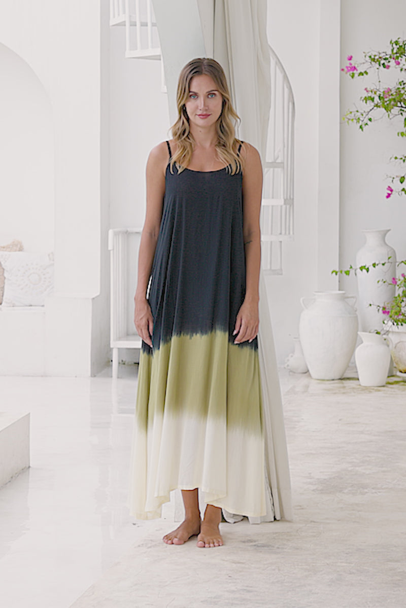 Womens Madison Maxi Dress in black ombré finish, in soft lightweight rayon, with pockets and adjustable straps.