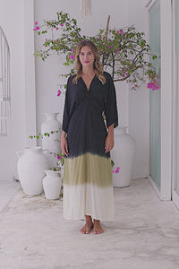 Womens Jasmin Maxi Dress in black ombré finish, in soft lightweight rayon, with side splits, pockets and hand beaded detailing.