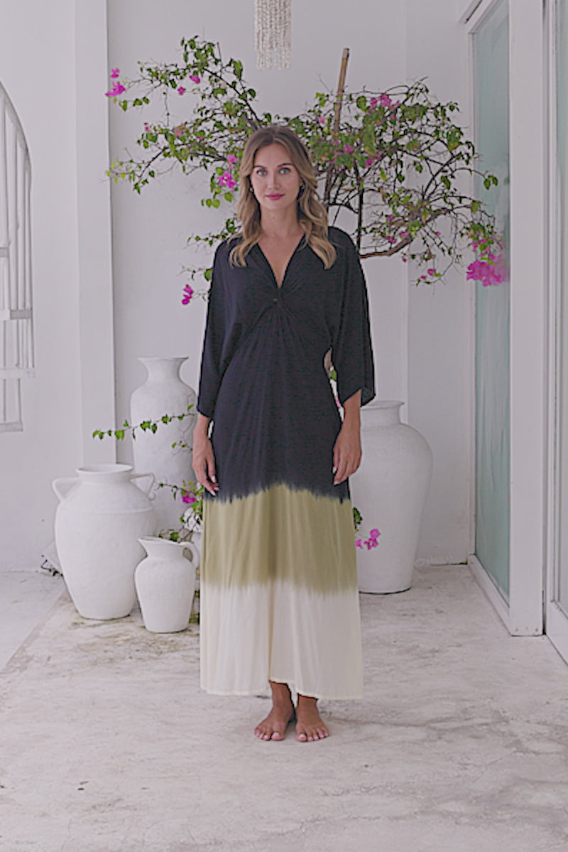 Womens Jasmin Maxi Dress in black ombré finish, in soft lightweight rayon, with side splits, pockets and hand beaded detailing.