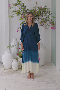 Womens Jasmin Maxi Dress in navy ombre finish, in soft lightweight rayon, with side splits, pockets and hand beaded detailing.