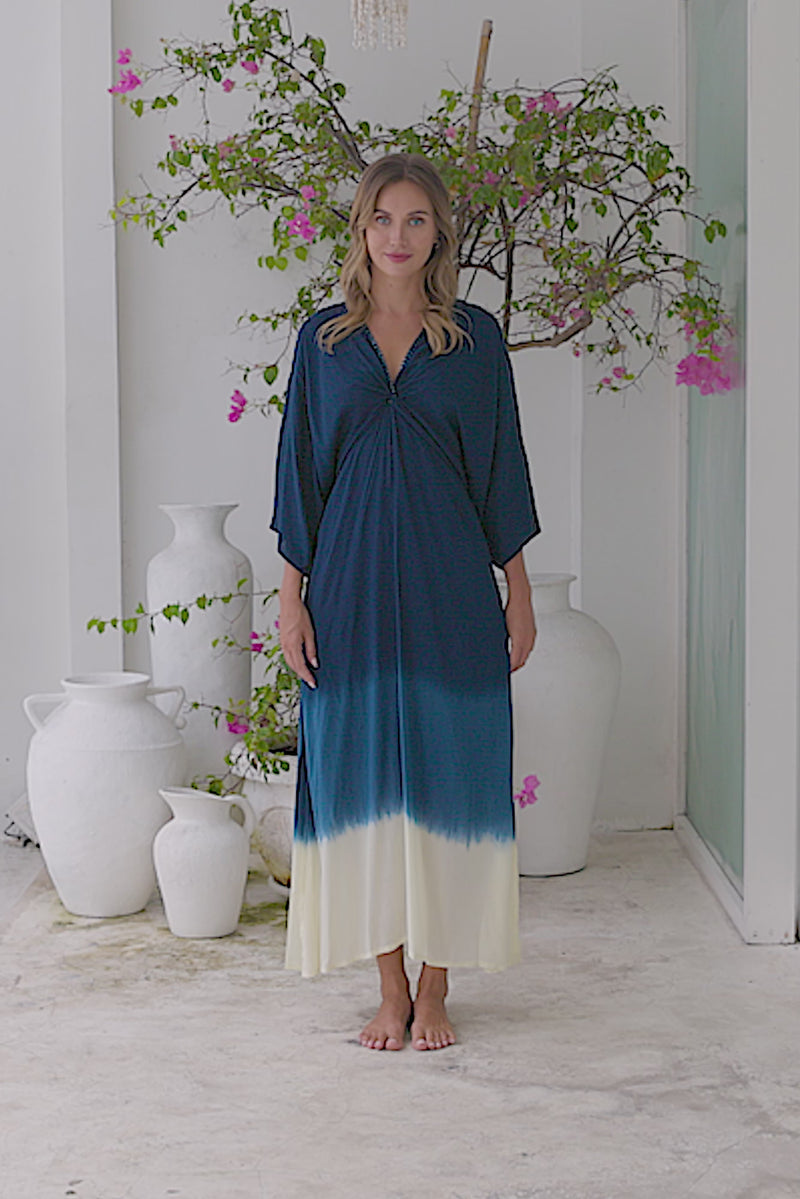Womens Jasmin Maxi Dress in navy ombre finish, in soft lightweight rayon, with side splits, pockets and hand beaded detailing.