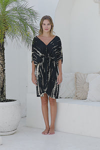Womens Molly short length Kaftan in black and beige tie dye finish, in soft lightweight rayon, with side splits, pockets and hand beaded detailing.