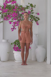 Womens super soft, 100% cotton Bandeau Top in brick featuring a detachable front tie and elasticated back. Pair with our matching shorts, trousers and shirt 