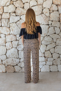 Womens trousers in leopard print featuring an elasticated waist and pockets 