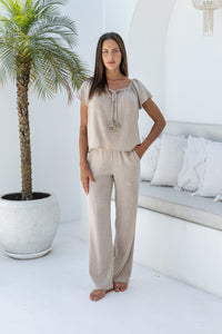 Womens gypsy style top in beige is perfect to coordinate with our trousers and shorts