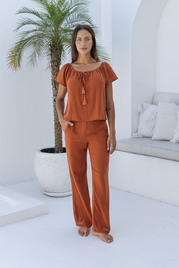 Womens gypsy style top in terracotta is perfect to coordinate with our trousers and shorts