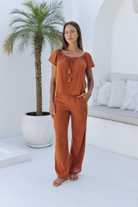 Womens gypsy style top in terracotta is perfect to coordinate with our trousers and shorts