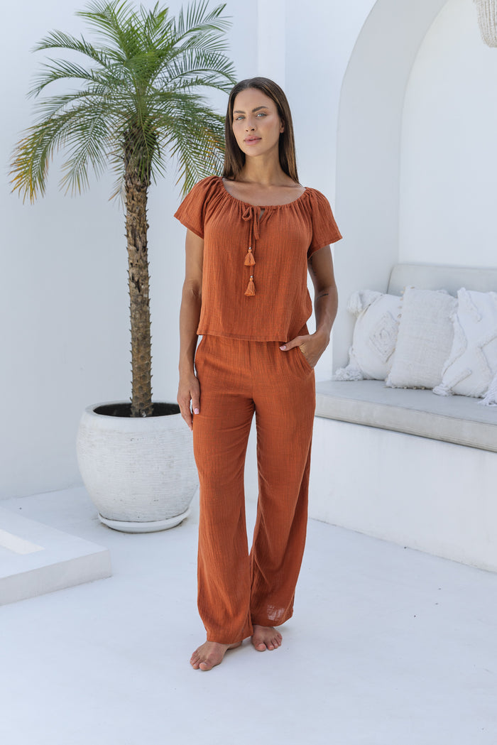 Womens gypsy style top in terracotta is perfect to coordinate with our trousers and shorts