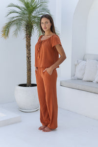 Womens gypsy style top in terracotta is perfect to coordinate with our trousers and shorts