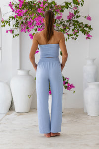 Womens stylish, super soft 100% cotton Rachel Trousers in baby blue, featuring an elasticated waist and pockets for a flattering and comfortable fit