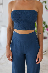 Womens stylish, super soft 100% cotton Rachel Trousers in navy blue, featuring an elasticated waist and pockets for a flattering and comfortable fit