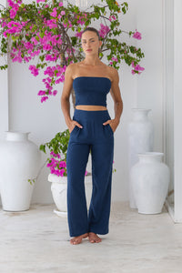 Womens stylish, super soft 100% cotton Rachel Trousers in navy blue, featuring an elasticated waist and pockets for a flattering and comfortable fit