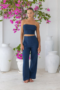 Womens stylish, super soft 100% cotton Rachel Trousers in navy blue, featuring an elasticated waist and pockets for a flattering and comfortable fit