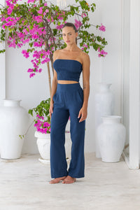 Womens stylish, super soft 100% cotton Rachel Trousers in navy blue, featuring an elasticated waist and pockets for a flattering and comfortable fit
